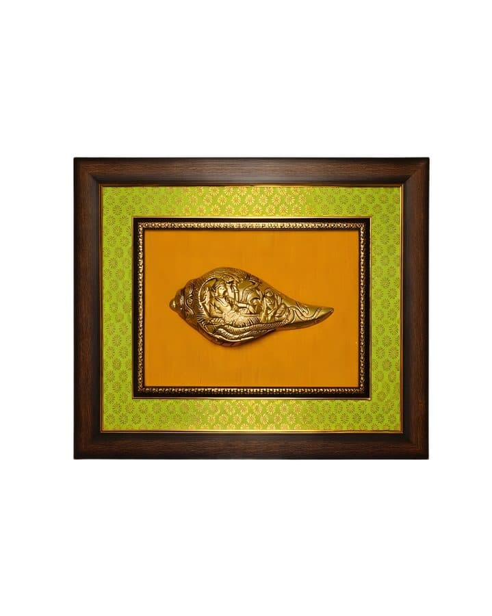 Brass Vishnu & Lakshmi Shankh Wall Hanging Frame â 14x18 Inch | Handcrafted Brass on Wooden Frame