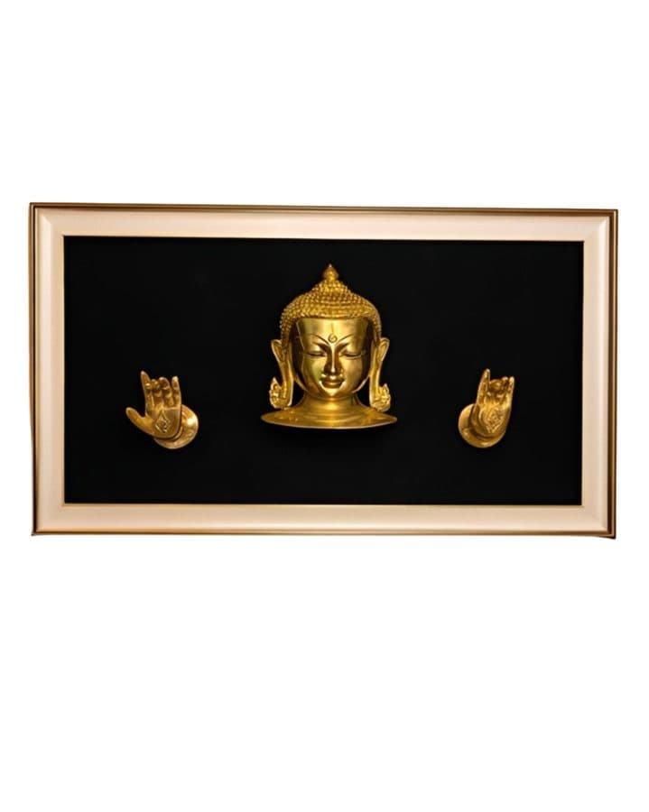 Brass Buddha Head with Hand Gestures Wall Hanging Frame â 27x19 Inch | Handcrafted Brass Art on Wooden Frame