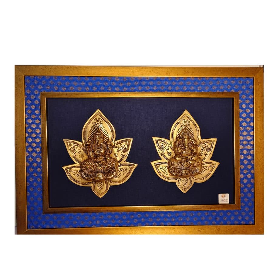Brass Lakshmi & Ganesha Lotus Wall Hanging Frame â 26x18 Inch | Handcrafted Brass Idols on Wooden Frame