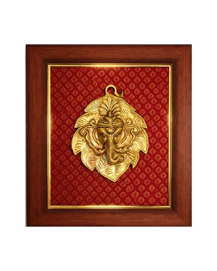 Brass Ganesha on Leaf Wall Hanging Frame â 12x15 Inch | Handcrafted Brass Idol on Wooden Frame