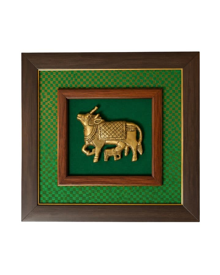 Brass Kamadhenu Cow Wall Hanging Frame (10 x 14 Inches)