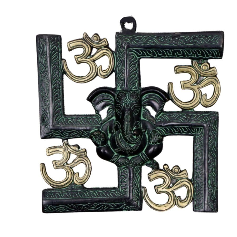 Brass Lord Ganesha Swastika Om Plate Removable Wall Hanging DÃ©cor