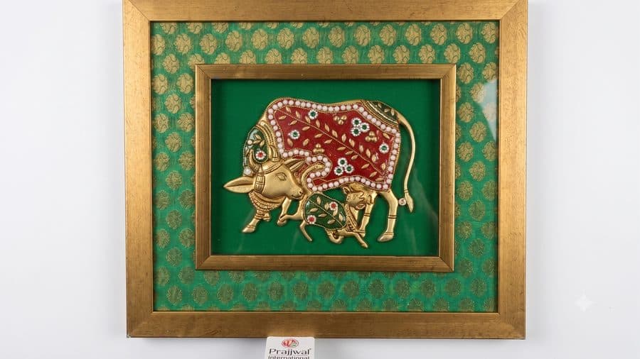 Premium Handcrafted Kamdhenu Cow & Calf Brass Wall Art Frame